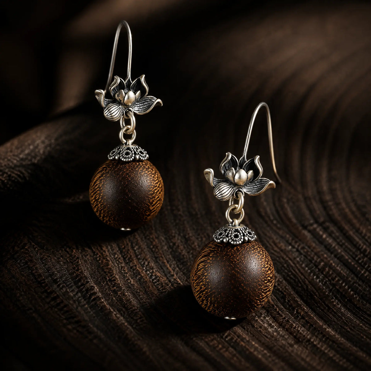 Harmony & Blessings – Tibetan Silver Lotus Wood Bead Earrings