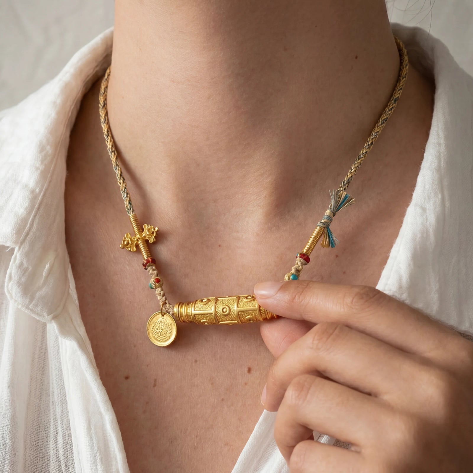 Wealth Blessing – Golden Dzi Bead & Yellow Jambhala Braided Necklace