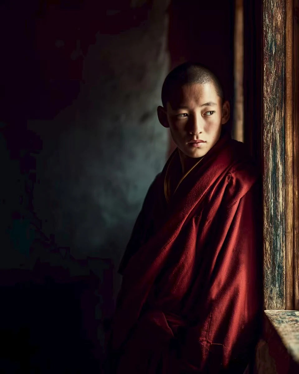 Monk in red robe sitting by a window with dark background