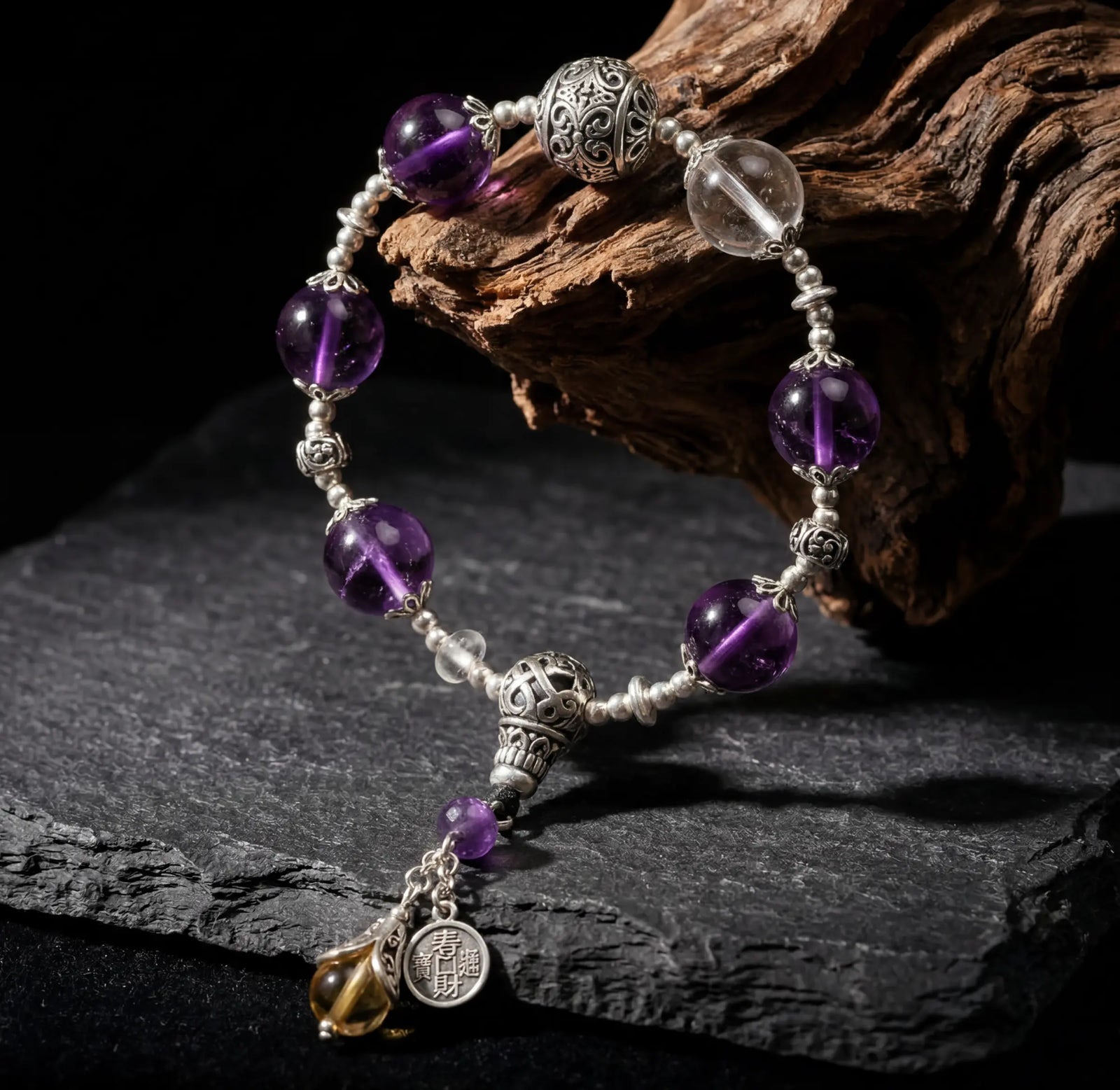 Wisdom & Abundance – Vajra Bell Amethyst & Citrine Bracelet