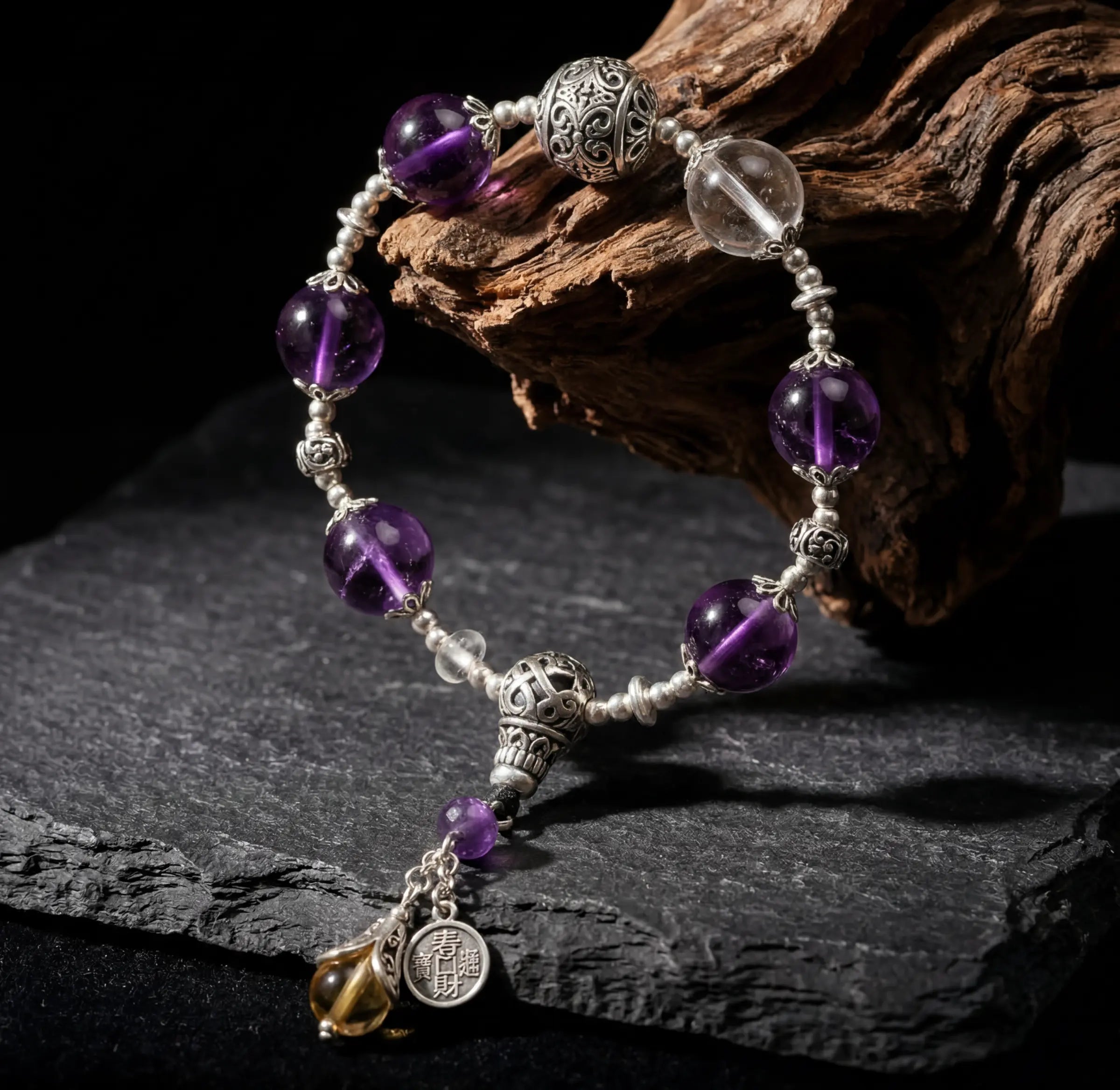 Wisdom & Abundance – Vajra Bell Amethyst & Citrine Bracelet