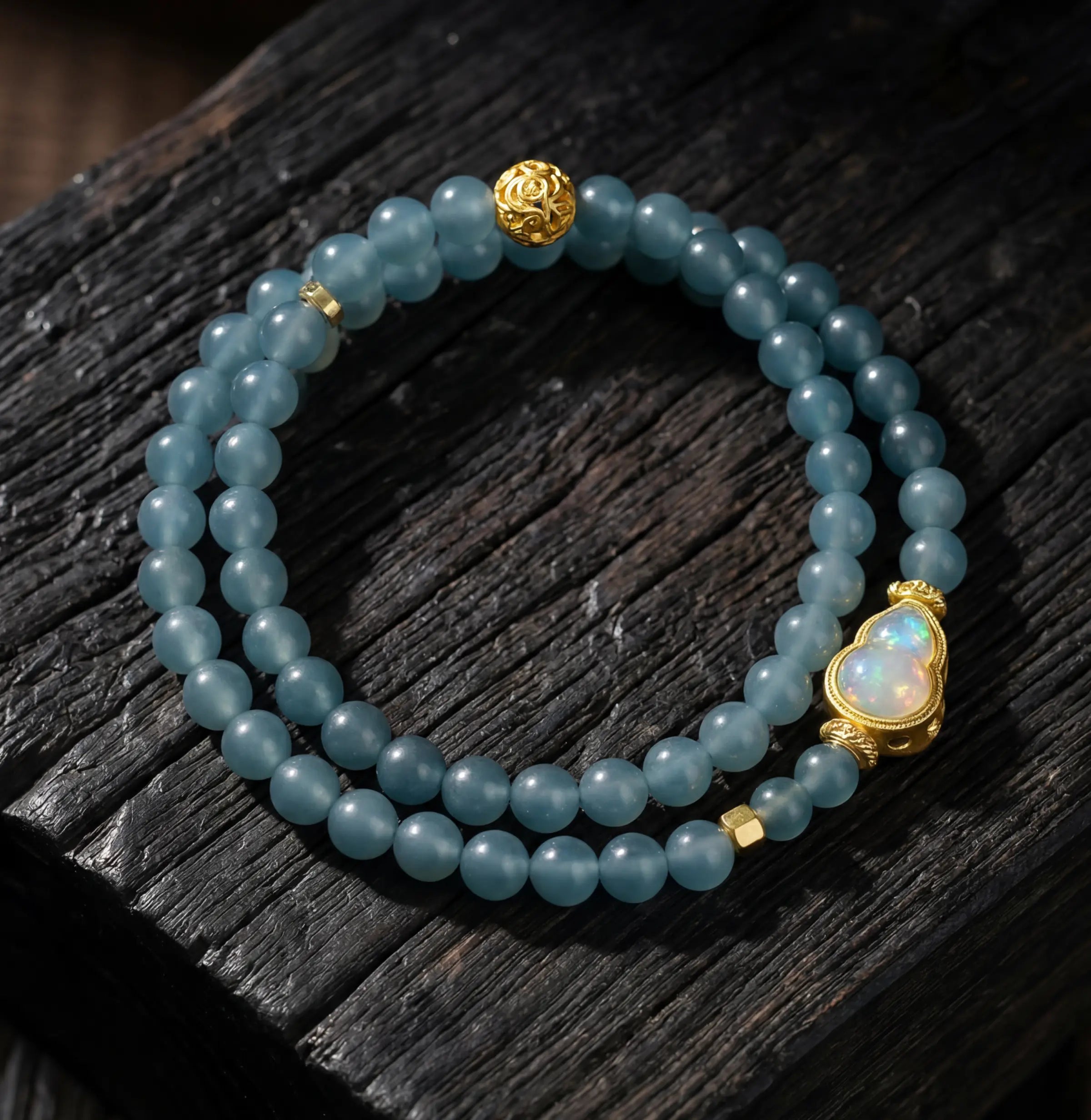 Harmony & Wealth – Blue Ice Jade Gourd Double Wrap Bracelet
