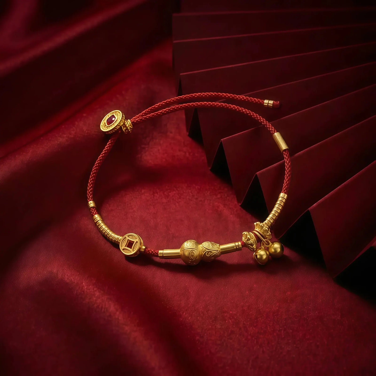 Lucky Red String Bracelet with Gourd & Coin Charms
