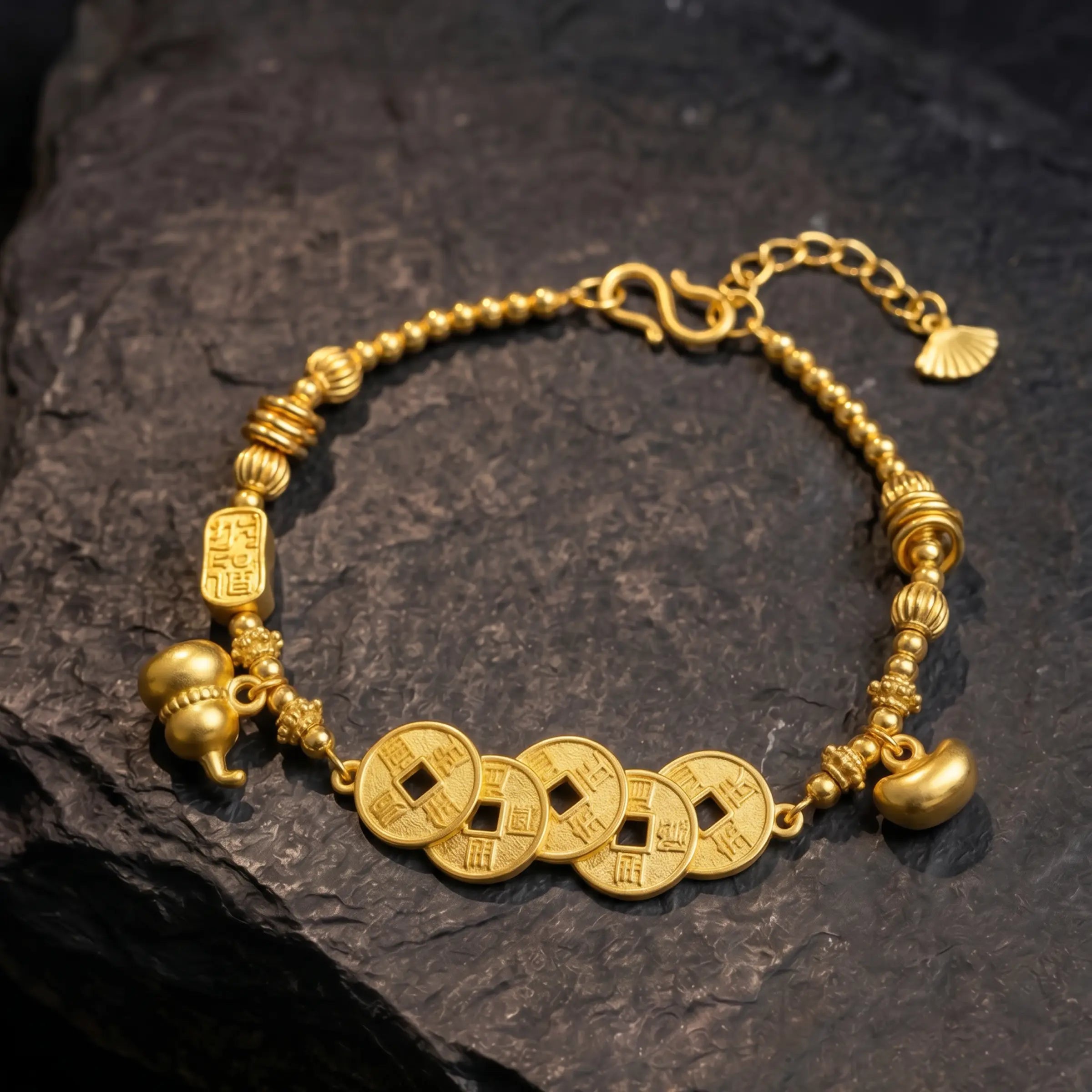 Imperial Shield – Five Emperor Coins & Fortune Gourd Bracelet