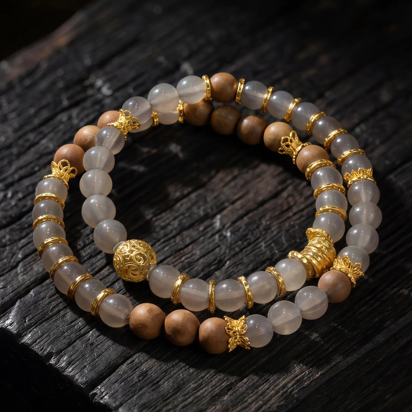 Grounded Prosperity – Gray Agate & Sandalwood Double-Wrap Bracelet