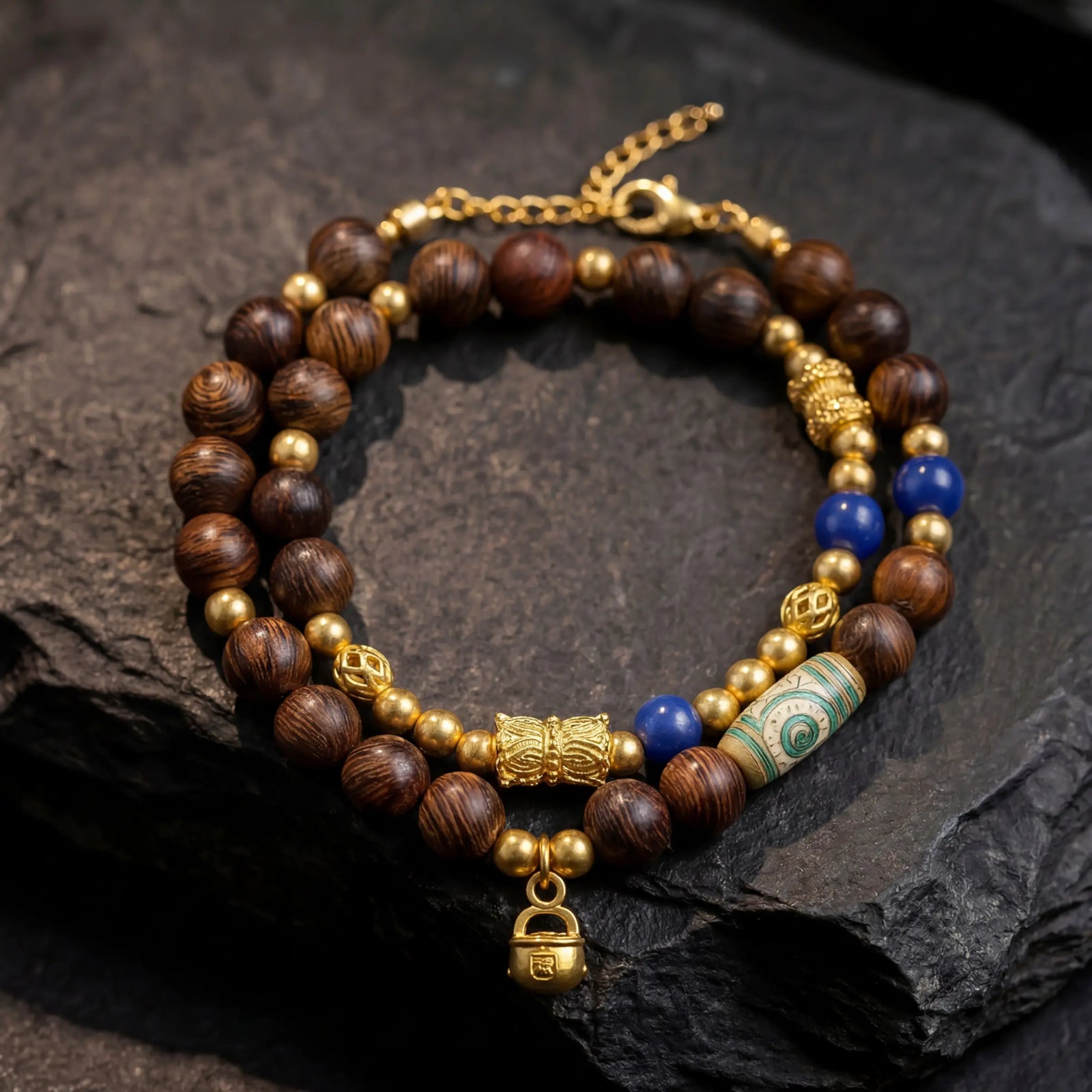 Balance & Prosperity- Gold Flow Agarwood Bracelet with Dzi Charm