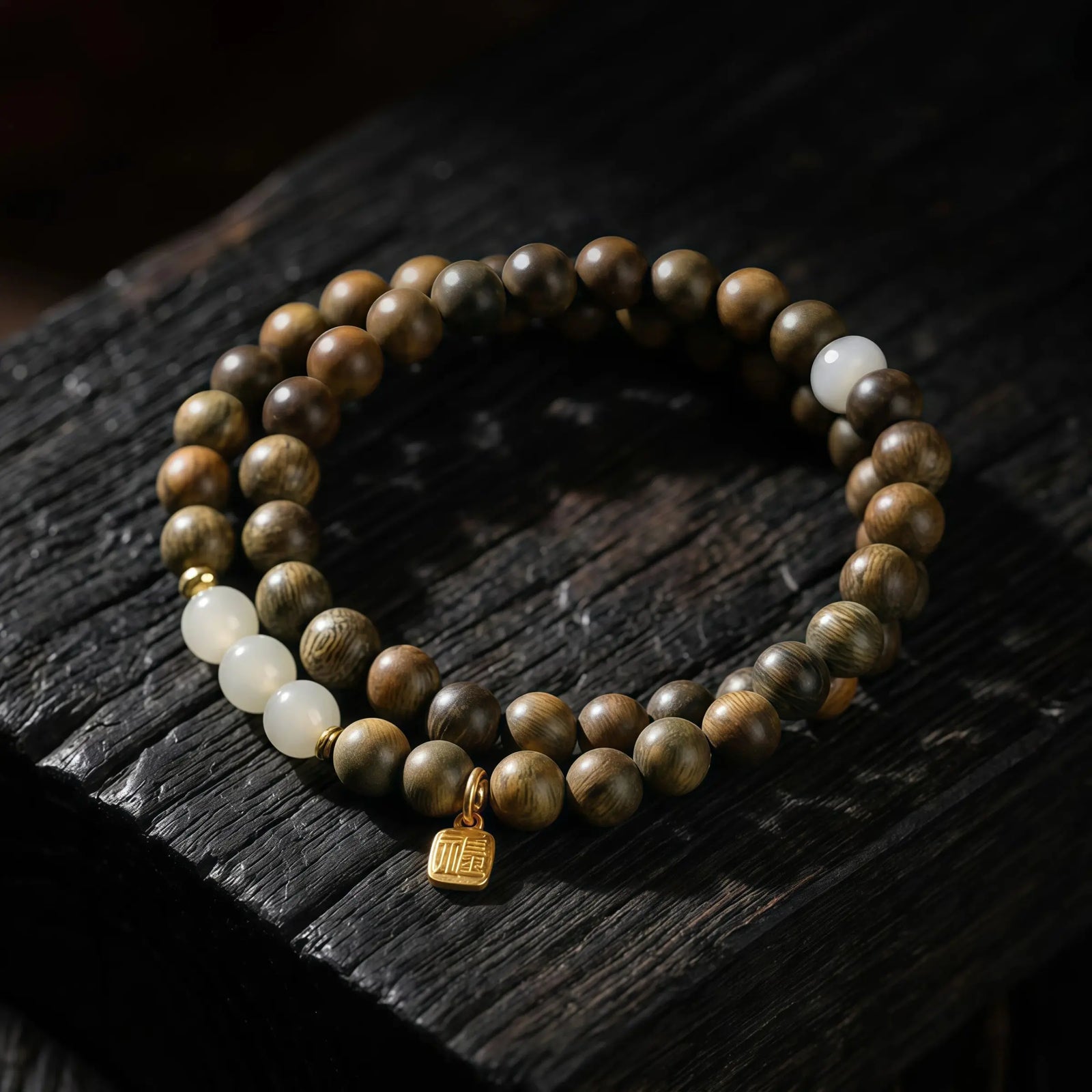 Calm & Blessing – Green Sandalwood & Hetian Jade Double Wrap Bracelet