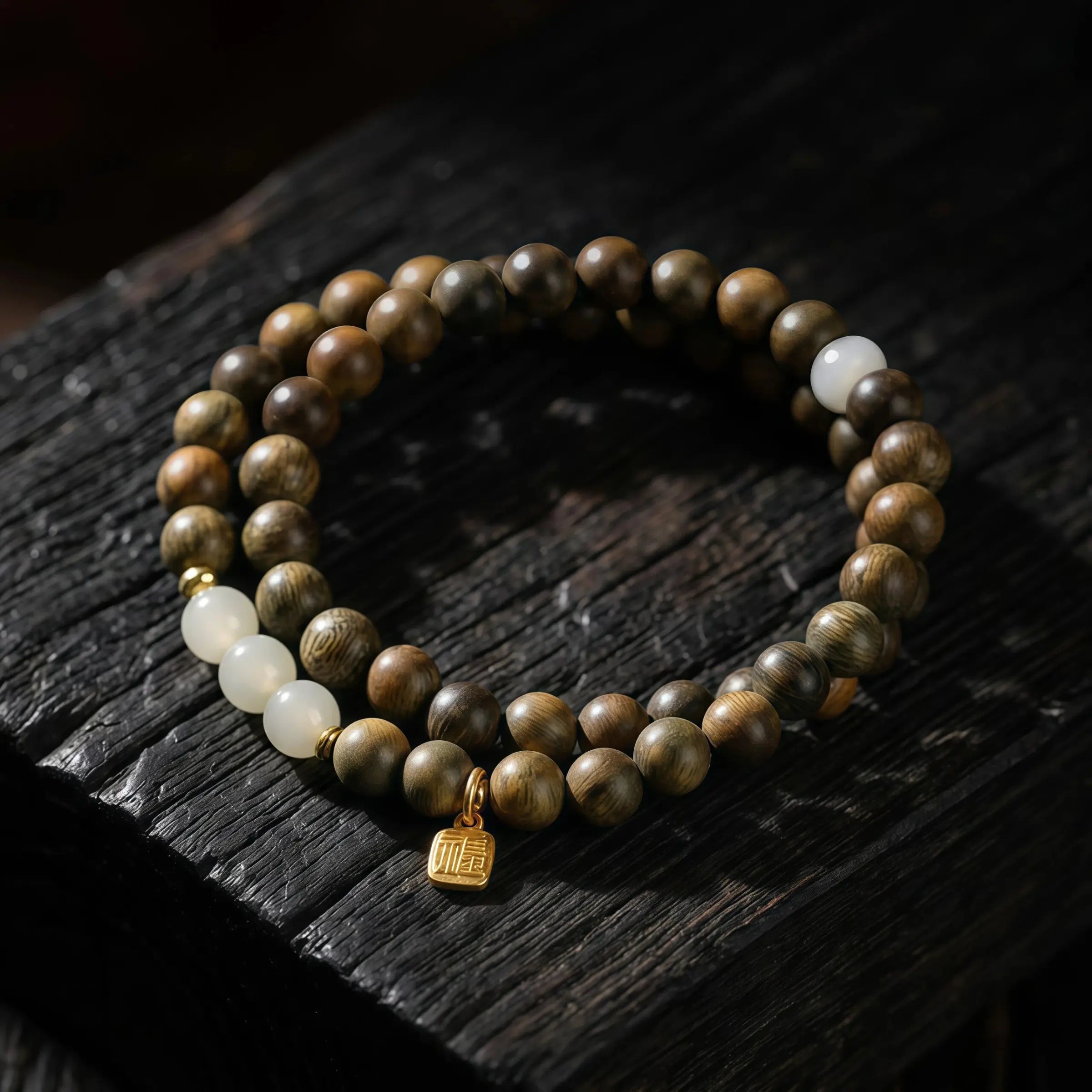 Calm & Blessing – Green Sandalwood & Hetian Jade Double Wrap Bracelet
