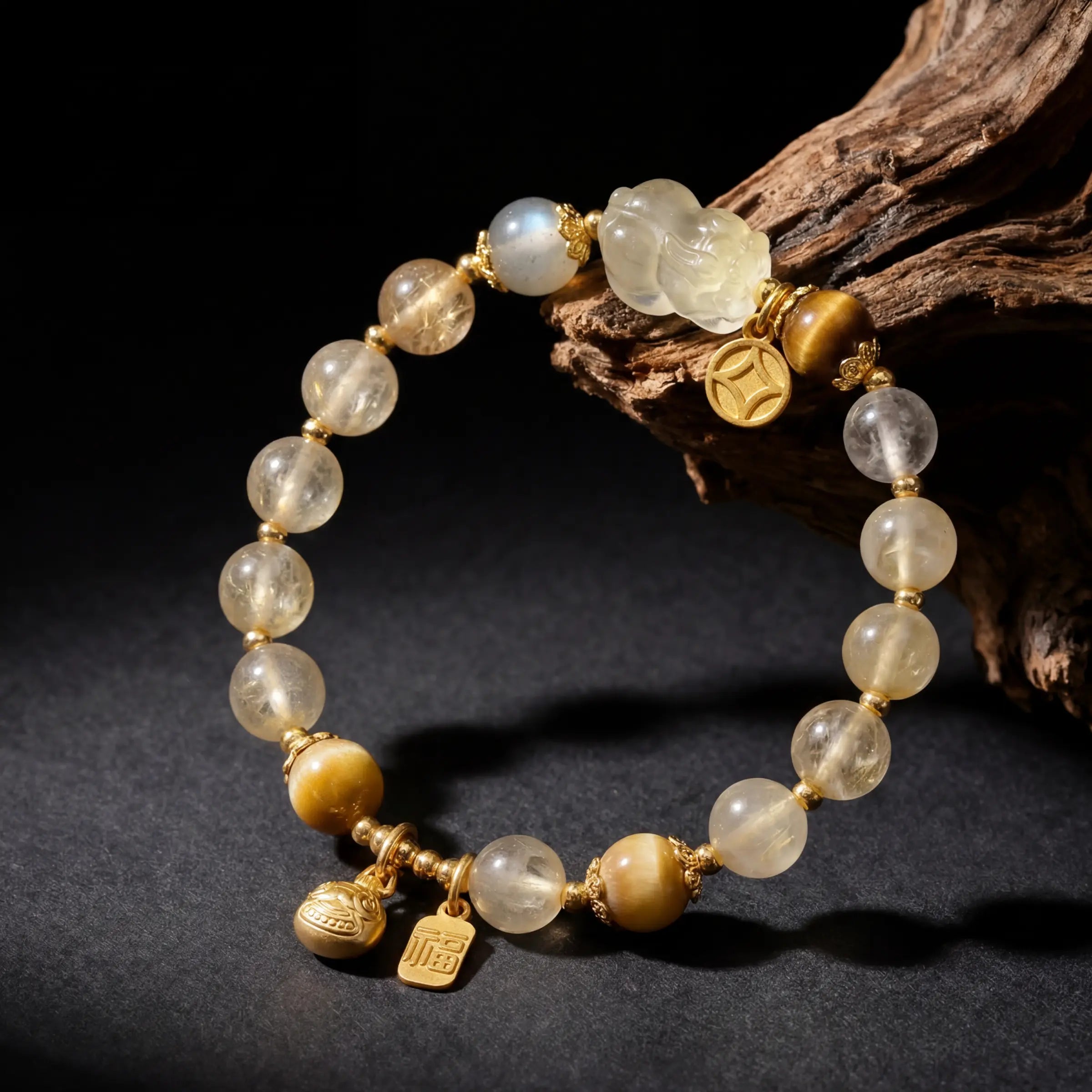 Prosperity & Bold Energy – Golden Rutilated Quartz Pixiu Bracelet