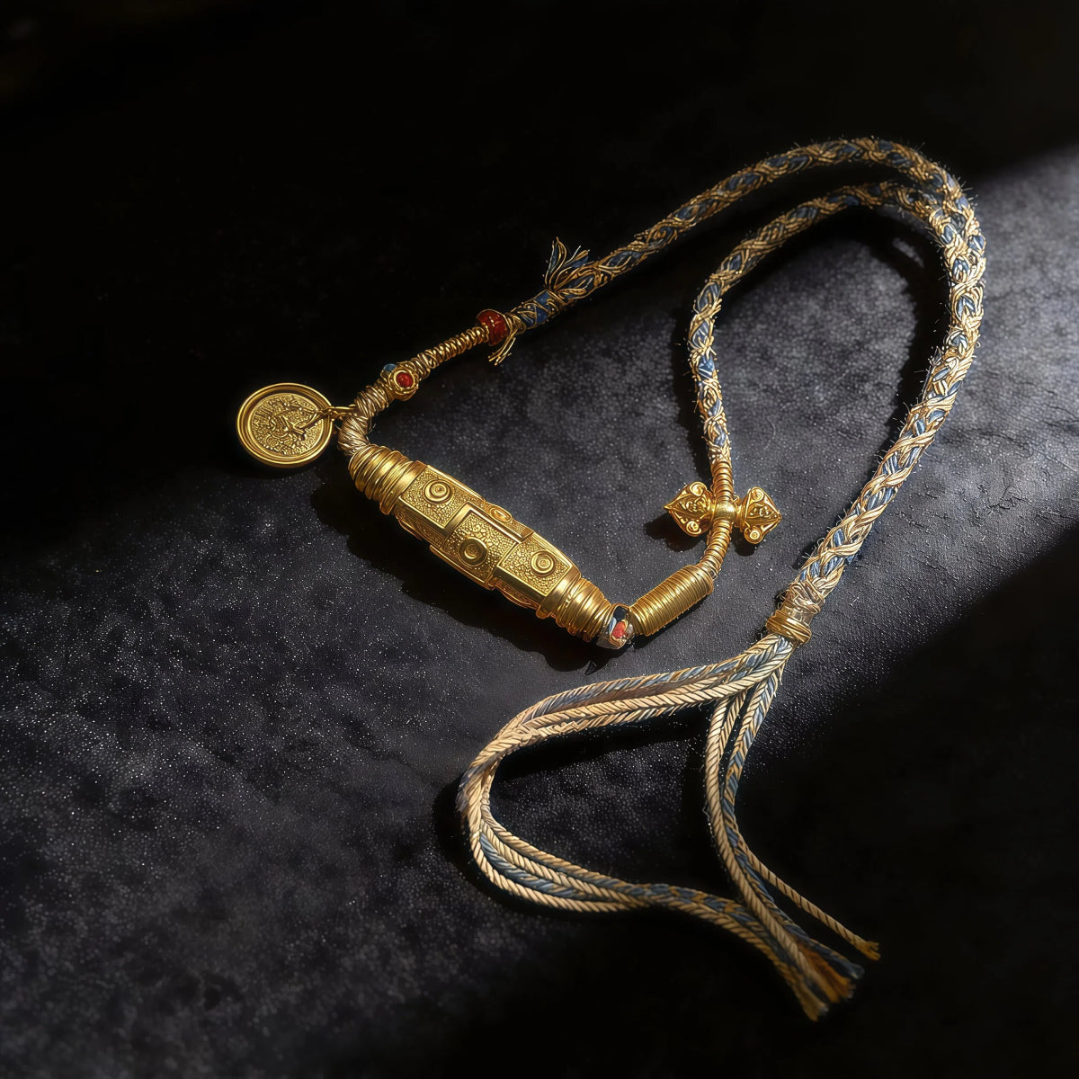Wealth Blessing – Golden Dzi Bead & Yellow Jambhala Braided Necklace