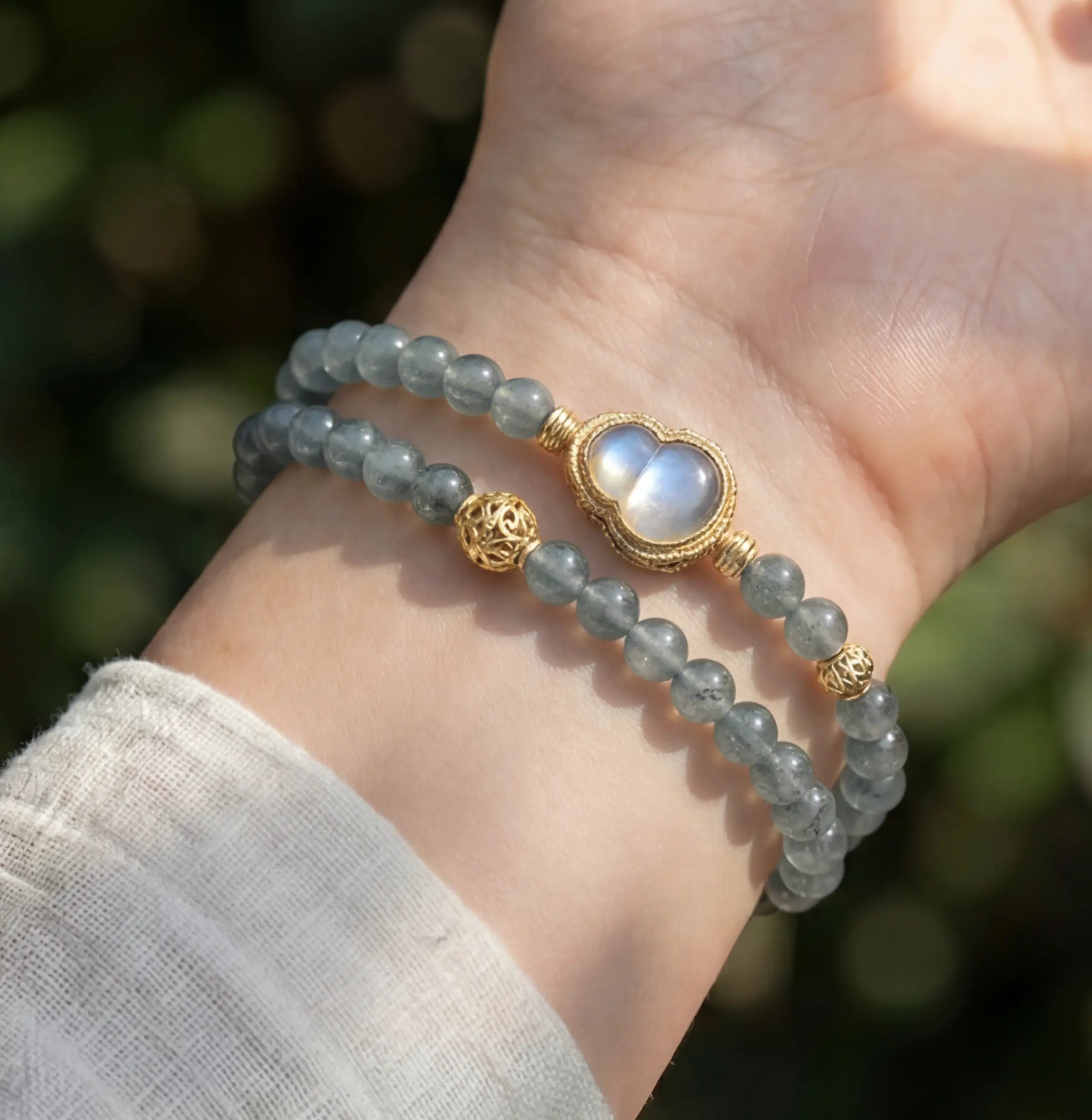 Harmony & Wealth – Blue Ice Jade Gourd Double Wrap Bracelet