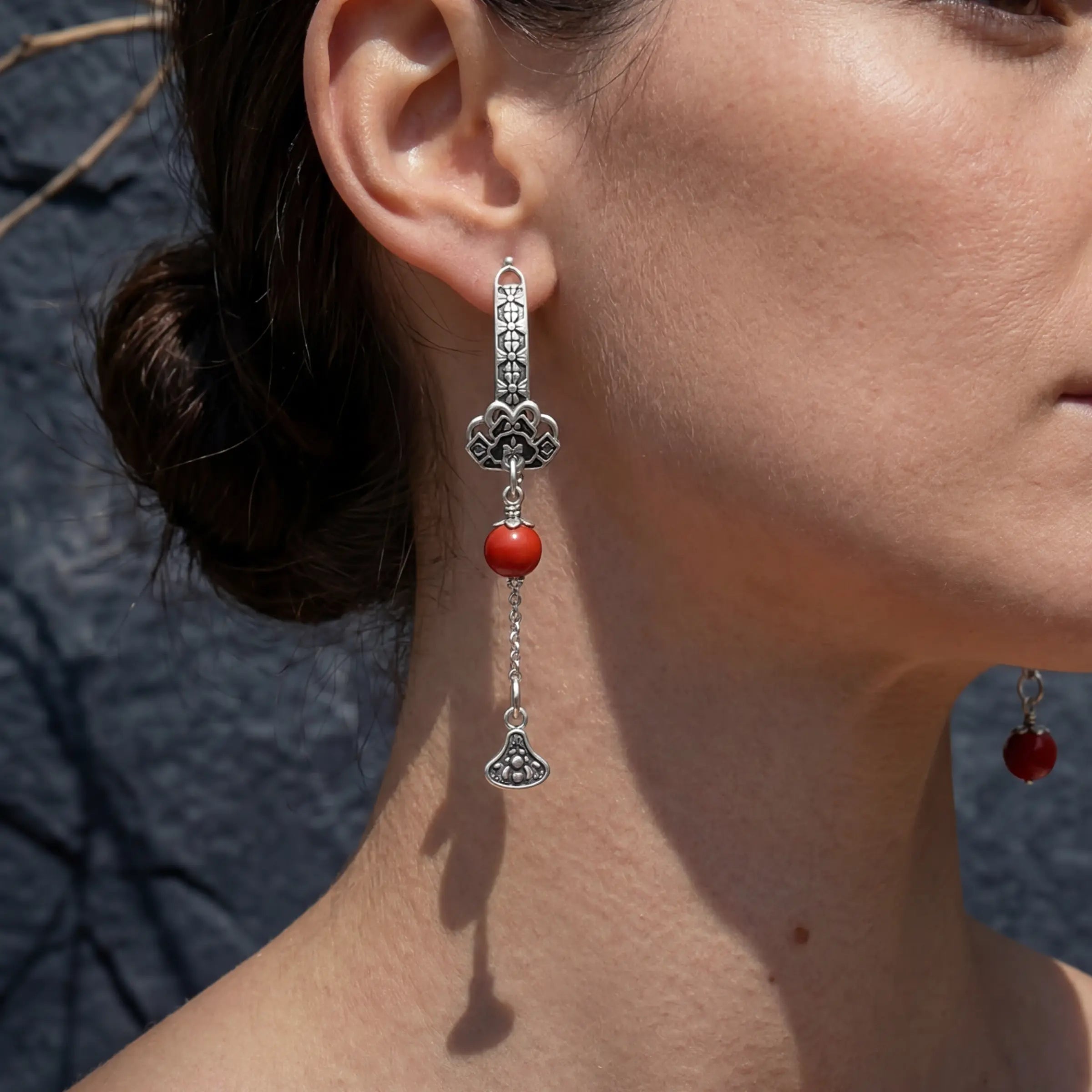 Strength & Vitality – Tibetan Silver Red Agate Vintage Earrings