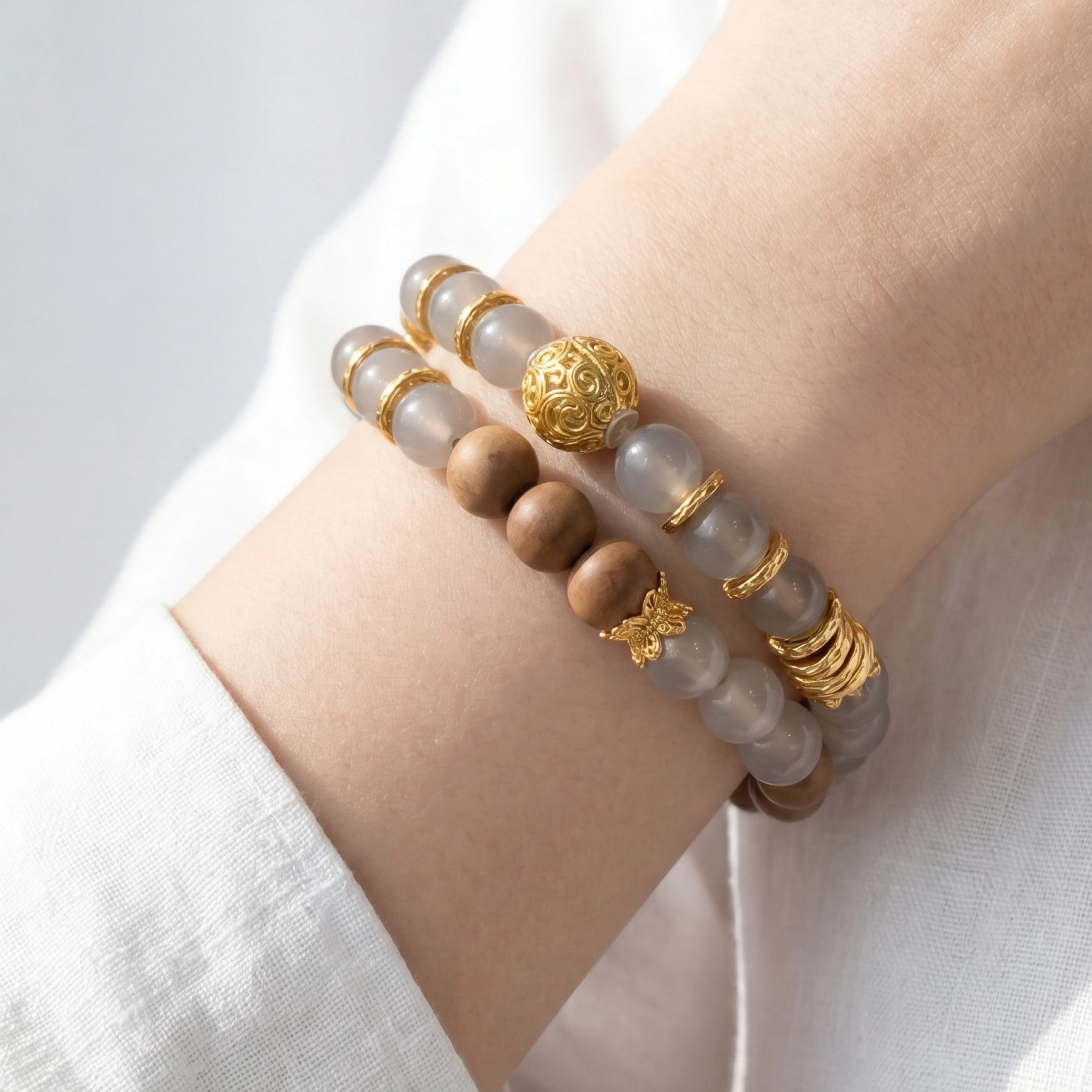 Grounded Prosperity – Gray Agate & Sandalwood Double-Wrap Bracelet