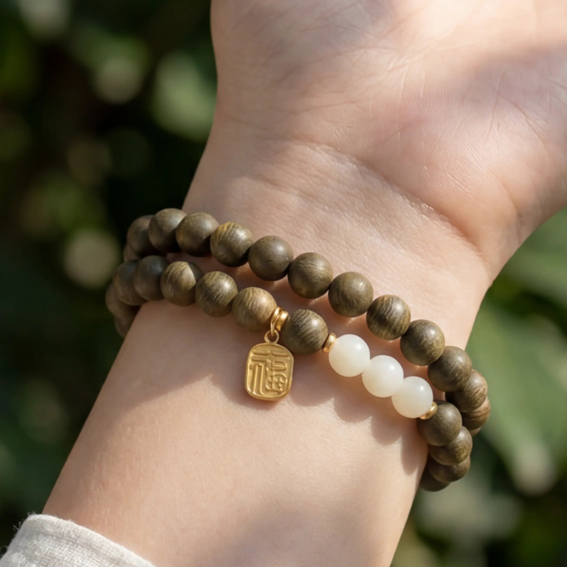Calm & Blessing – Green Sandalwood & Hetian Jade Double Wrap Bracelet