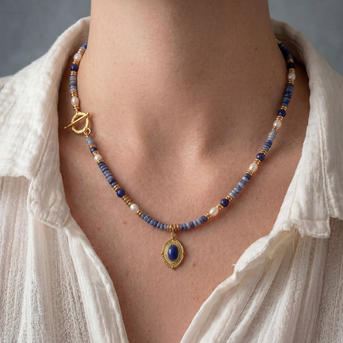 Calm Balance – Blue Stone Pearl Necklace