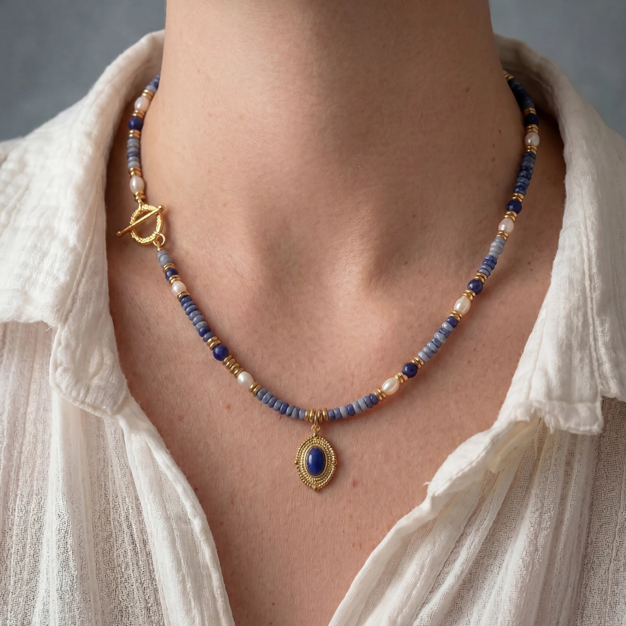Calm Balance – Blue Stone Pearl Necklace
