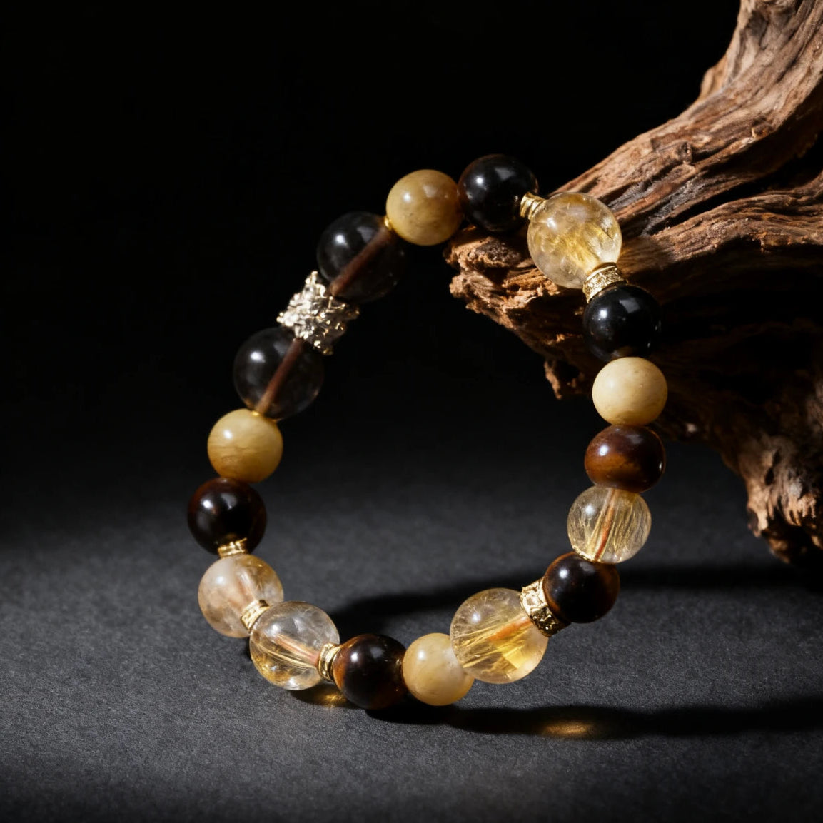 Beaded bracelet with black, yellow, and brown beads on a dark background