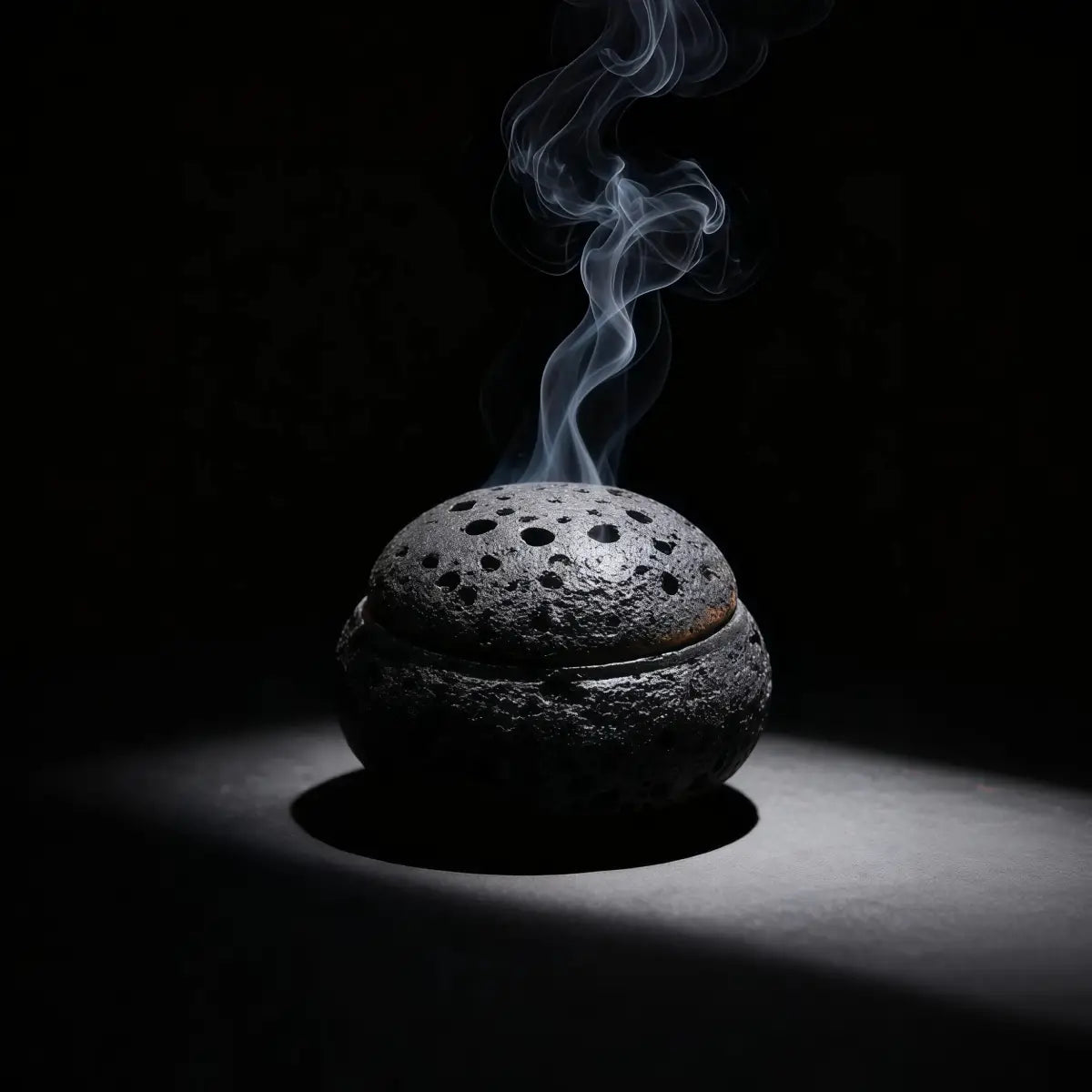 Decorative stone incense burner with smoke on a dark background