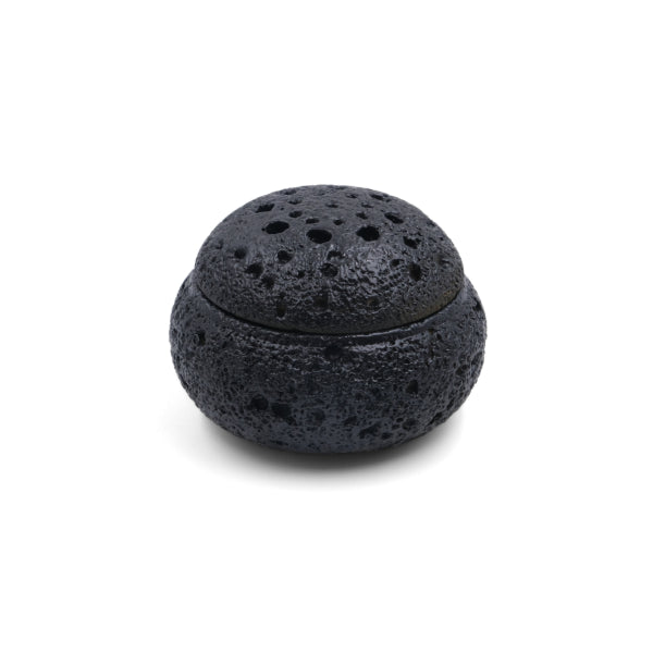 Balance & Clarity Feng Shui Lunar Incense Burner, round black incense holder with moon-like textured surface, spiritual home decor for balance, clarity, and meditation, on a clean white background.