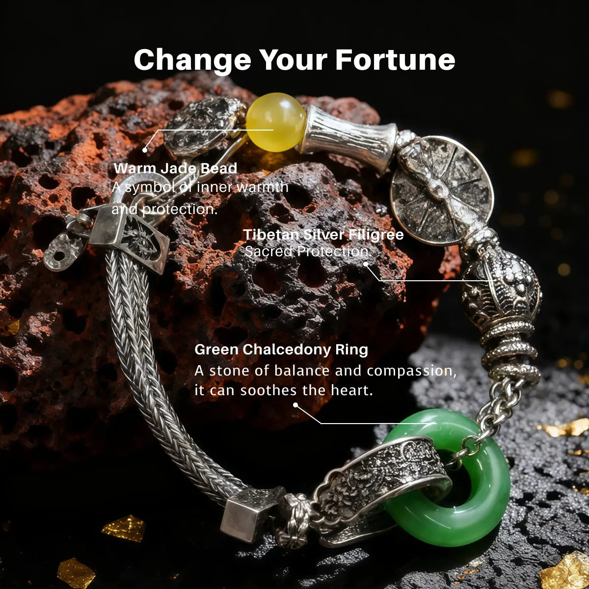 Bracelet with jade bead and tibetan silver filigree on a dark background