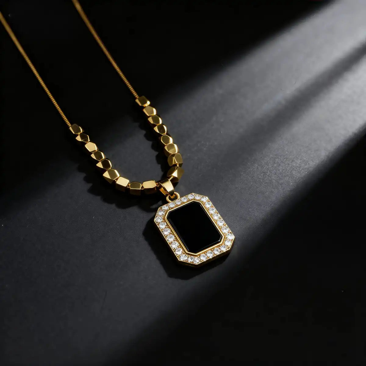 Black cubic zirconia halo necklace with pendant chain, product main view