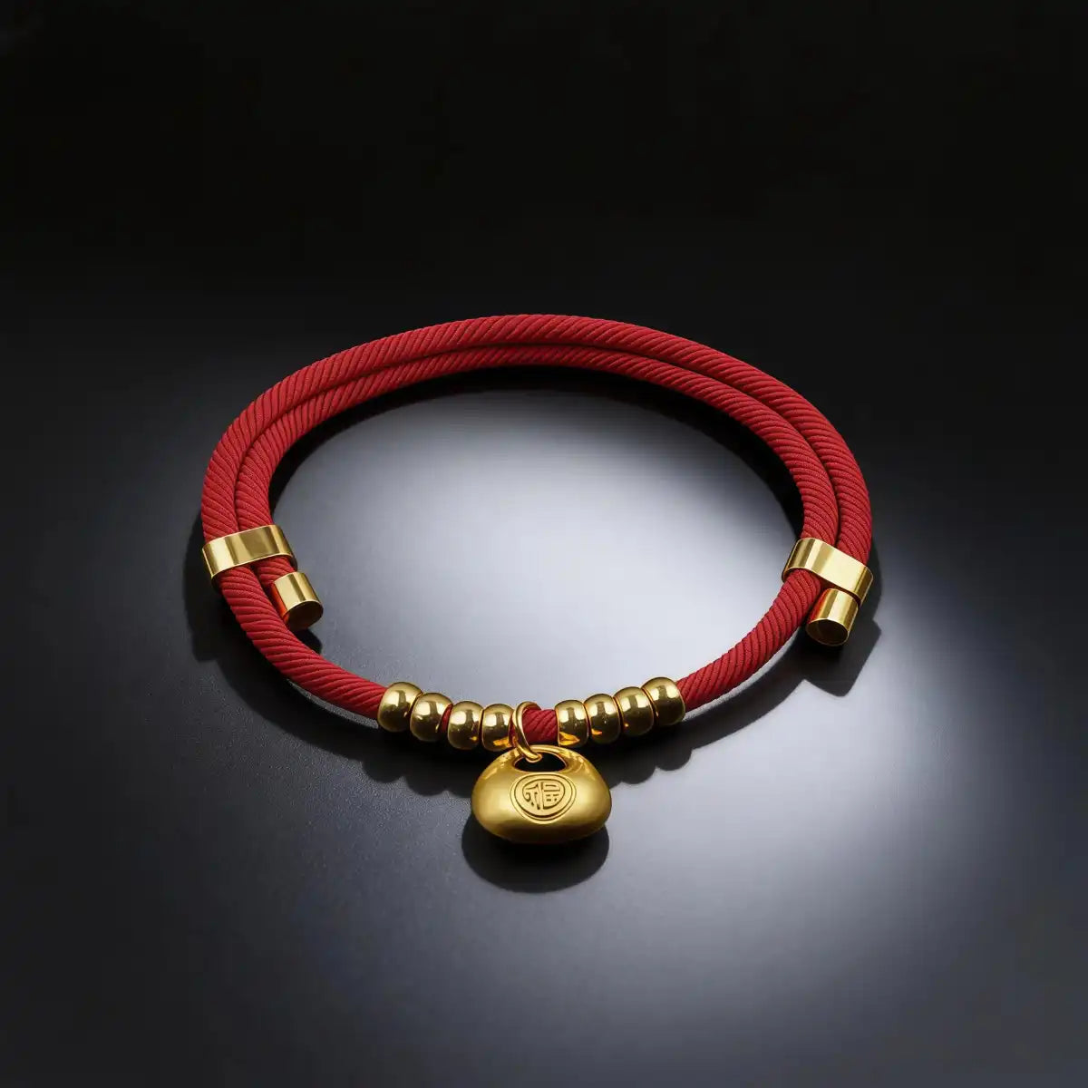 Red pet collar with a gold-tone lucky pouch charm displayed on a clean background, showing the simple band and detailed pouch pendant.