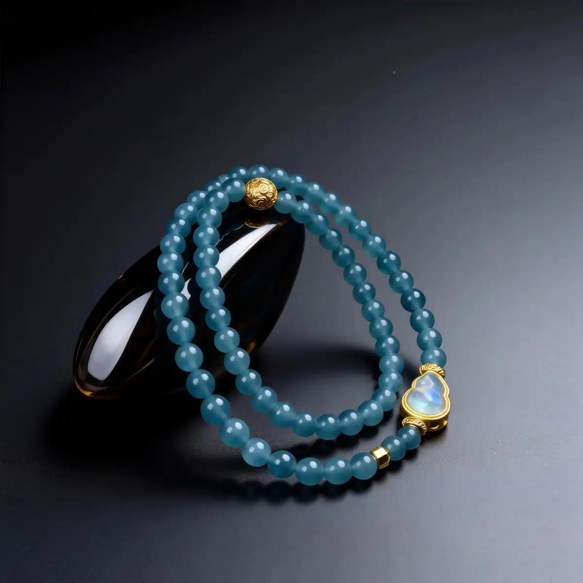 Blue ice jade double wrap bracelet with gourd charm for harmony and wealth