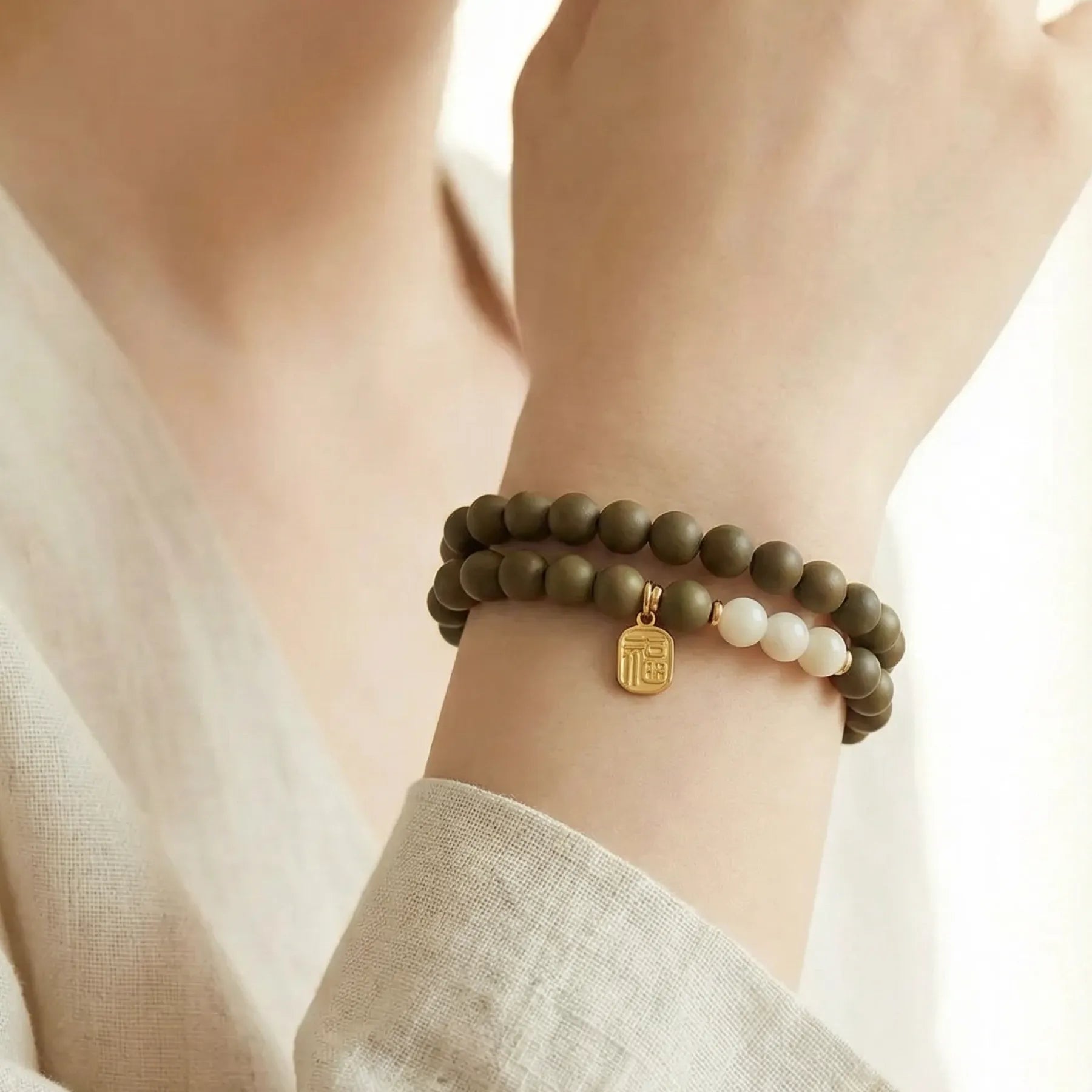 Calm & Blessing – Green Sandalwood & Hetian Jade Double Wrap Bracelet