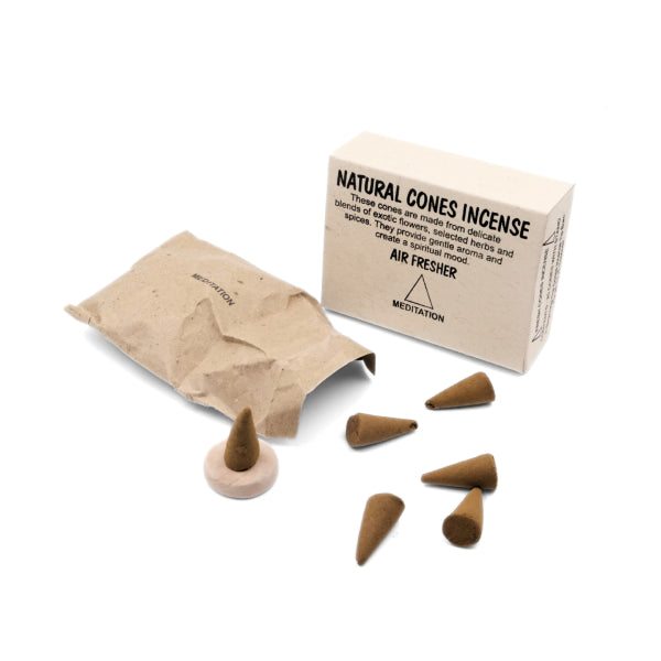 Natural cones incense with packaging on a white background