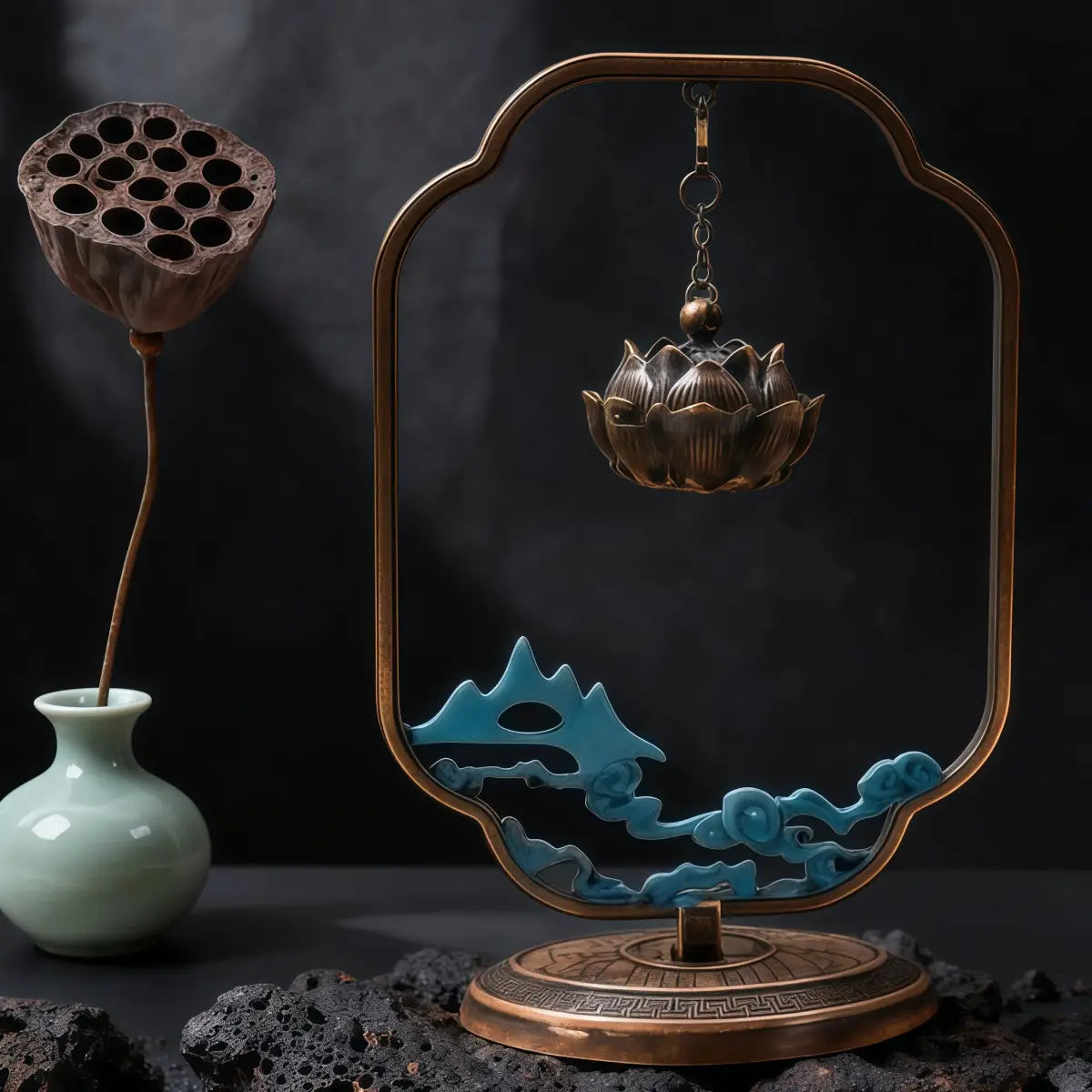 Decorative fengshui lotus hanging incense burner with lotus flower design on a dark background