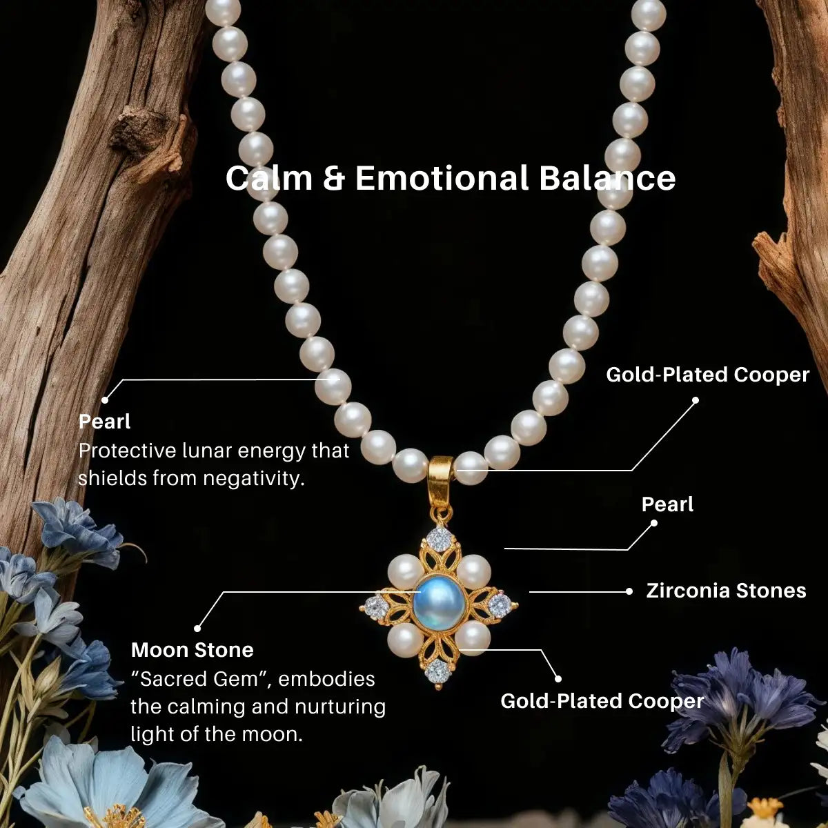 Pearl necklace with a gold pendant on a dark background with text describing its properties.