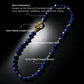 Blue Chalcedony necklace with gold-plated components on a black background