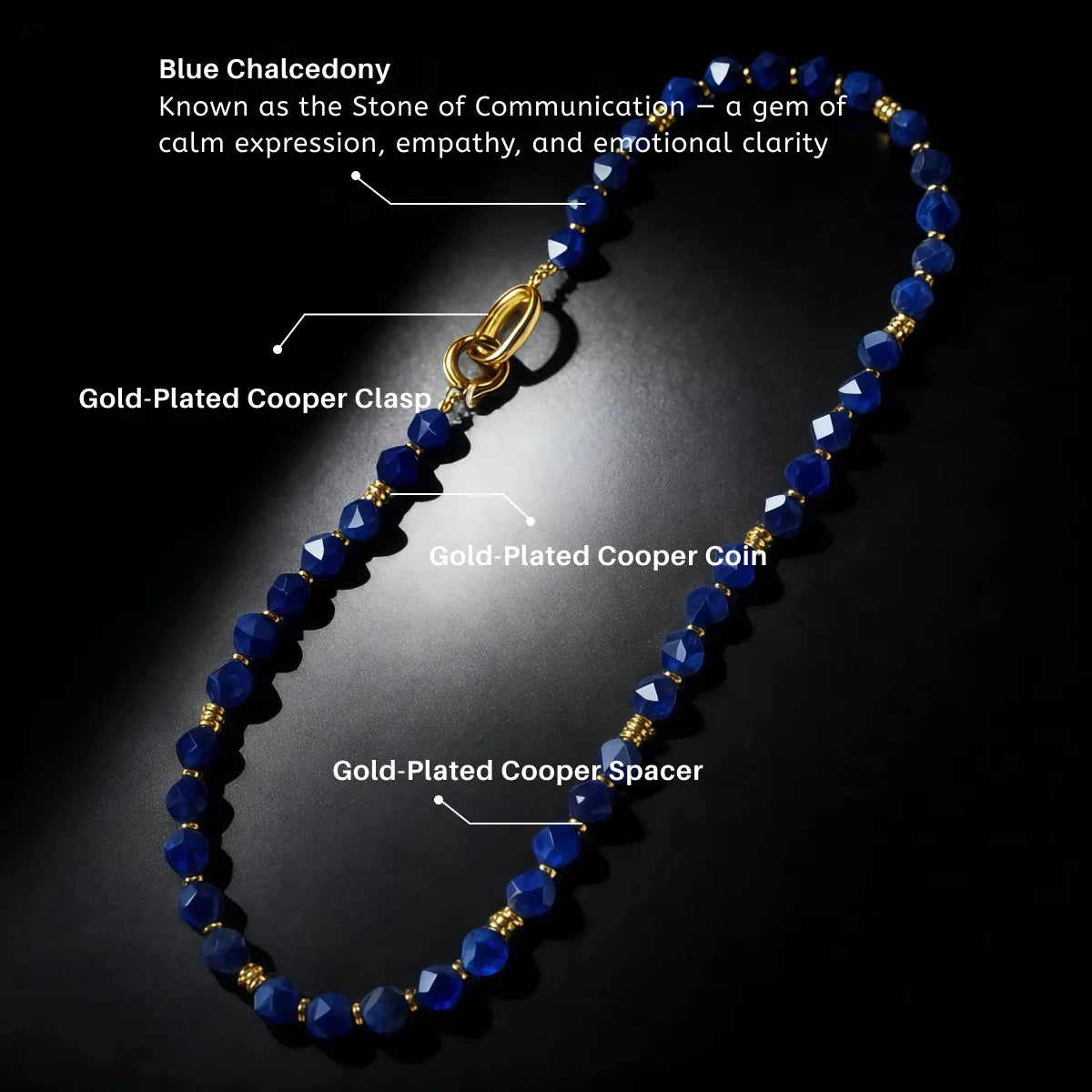 Blue Chalcedony necklace with gold-plated components on a black background