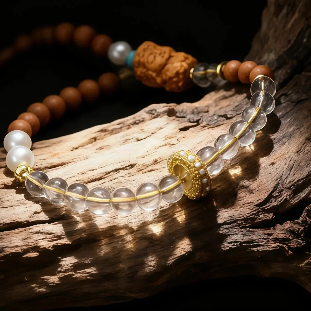 Sandalwood Buddha Charm Phone Strap with gold accents on a wooden surface