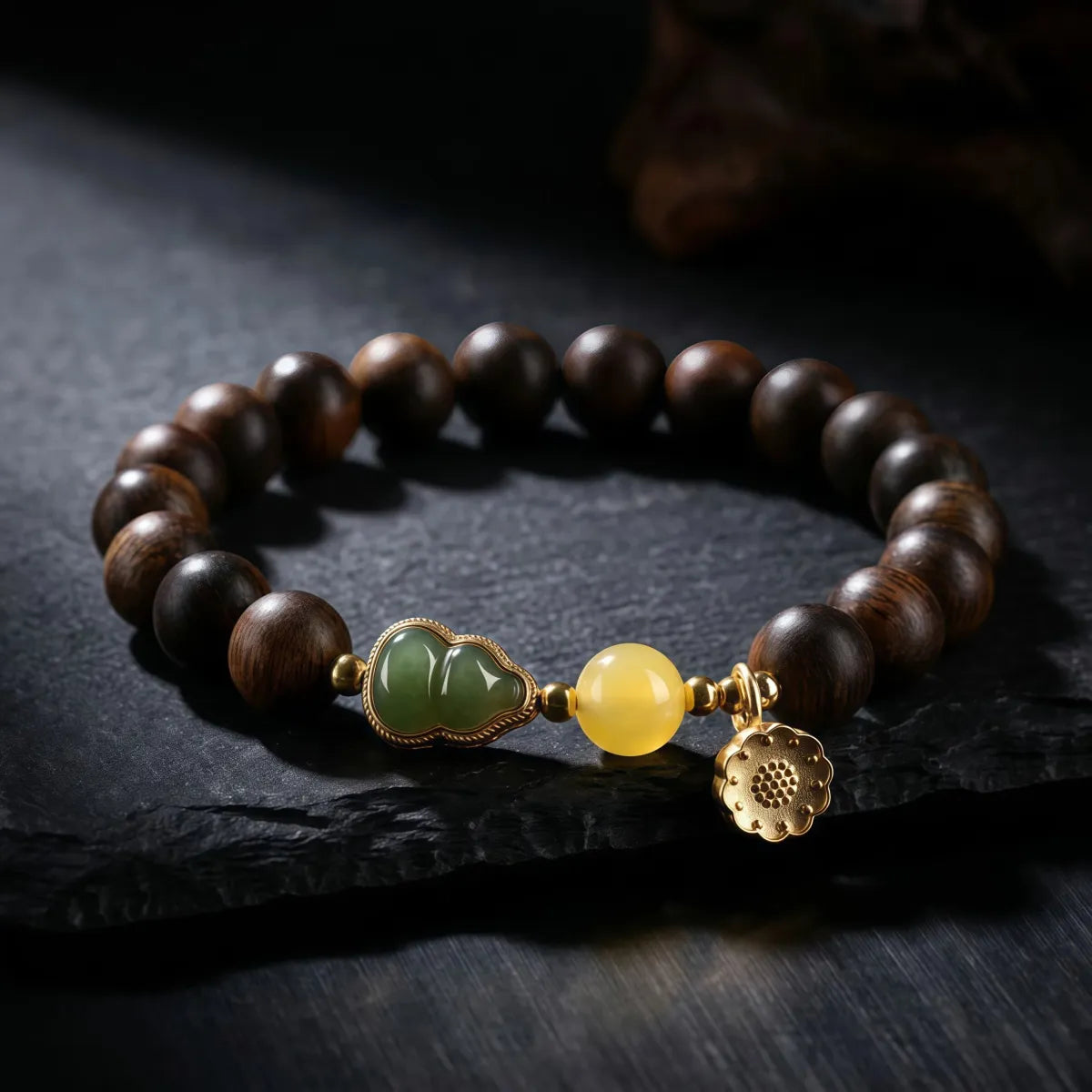 Calm & Prosperity – Nha Trang Agarwood & Hetian Jade Gourd Bracelet