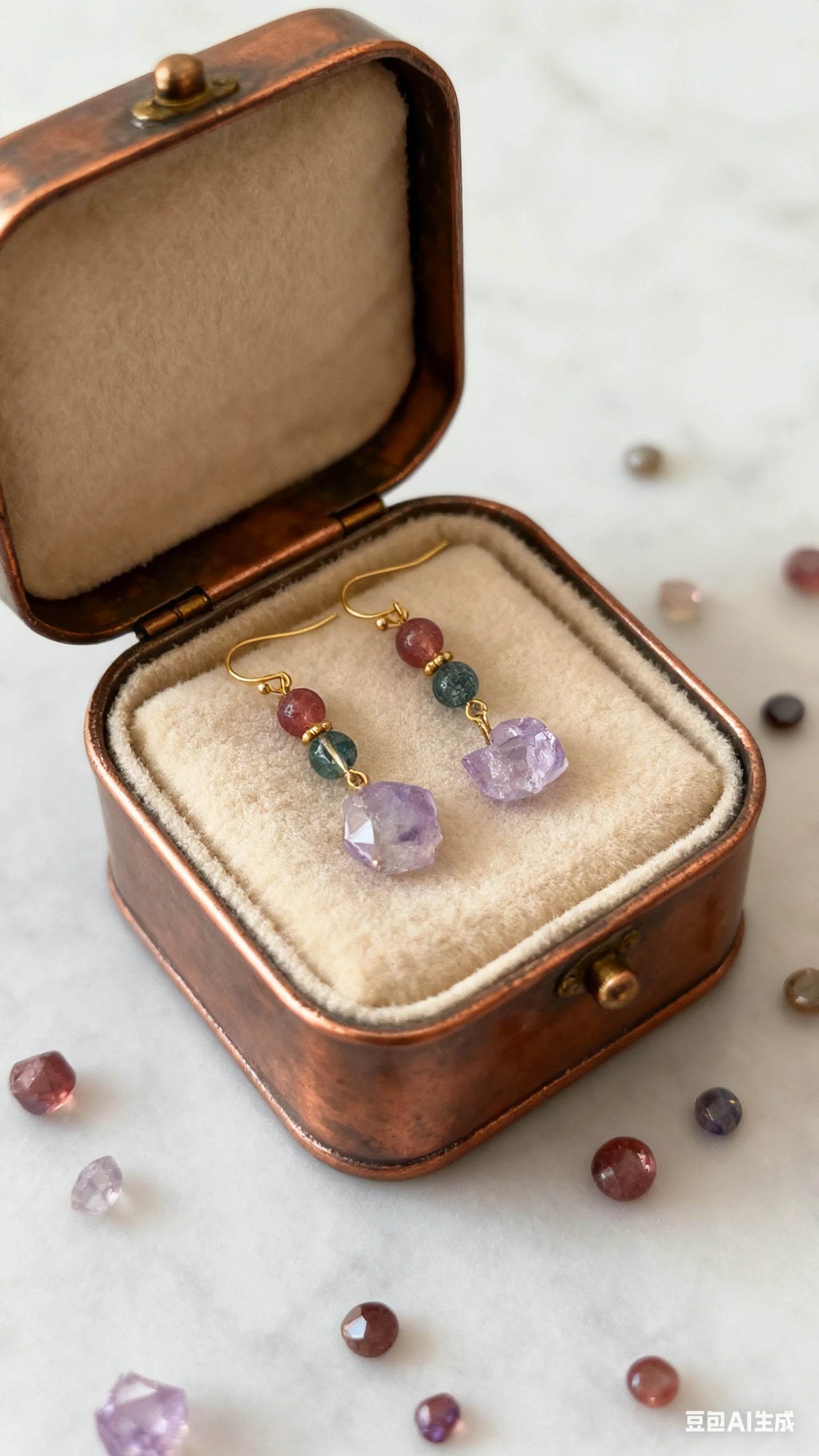 Colorful beaded earrings in a brown jewelry box on a light background