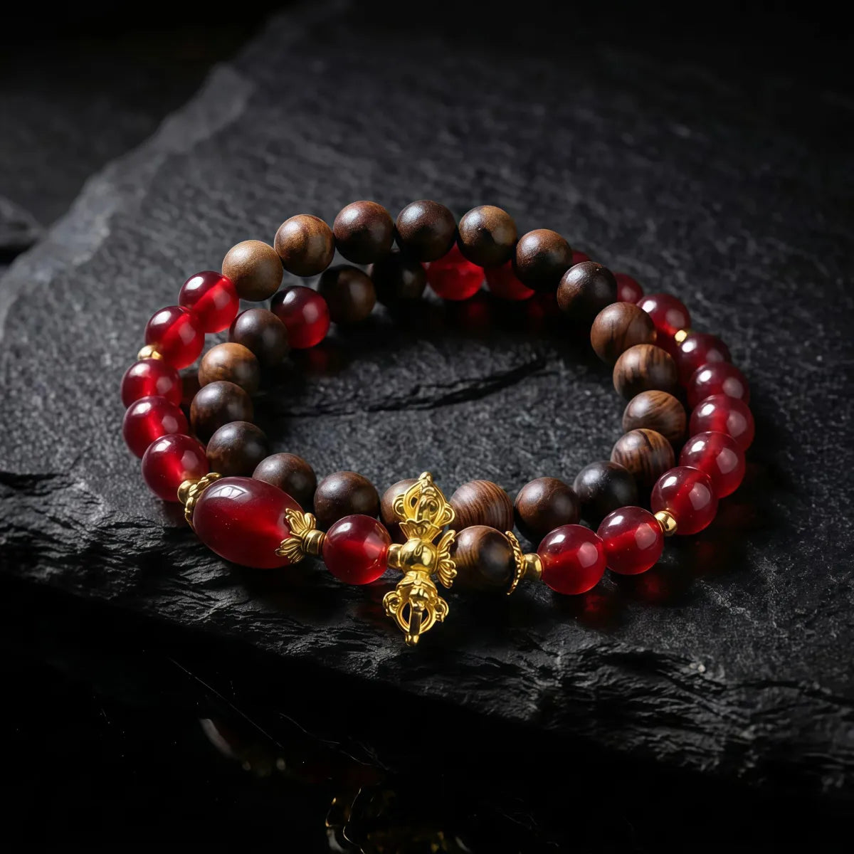 Calm & Strength – Kyara Agarwood & Red Agate Double Wrap Bracelet