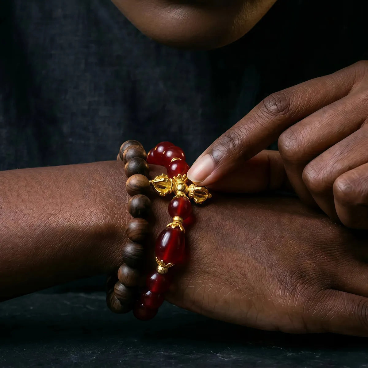Calm & Strength – Kyara Agarwood & Red Agate Double Wrap Bracelet
