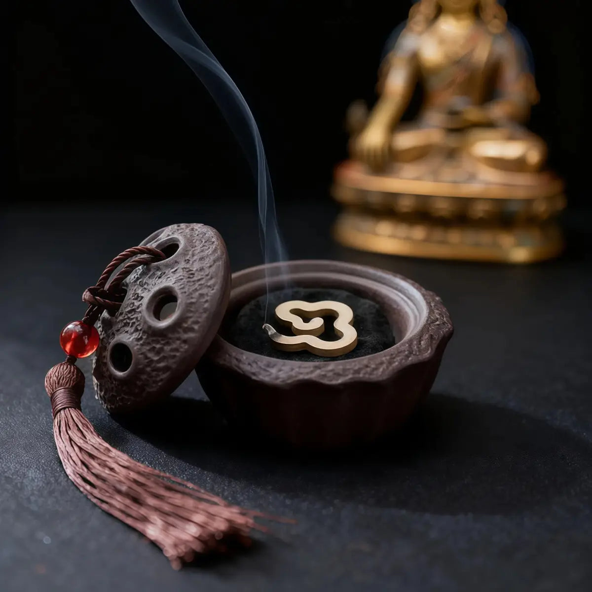 Ceramic Lotus Pod Mini Tibetan Incense burner with smoke and a Buddha statue in the background on a dark surface
