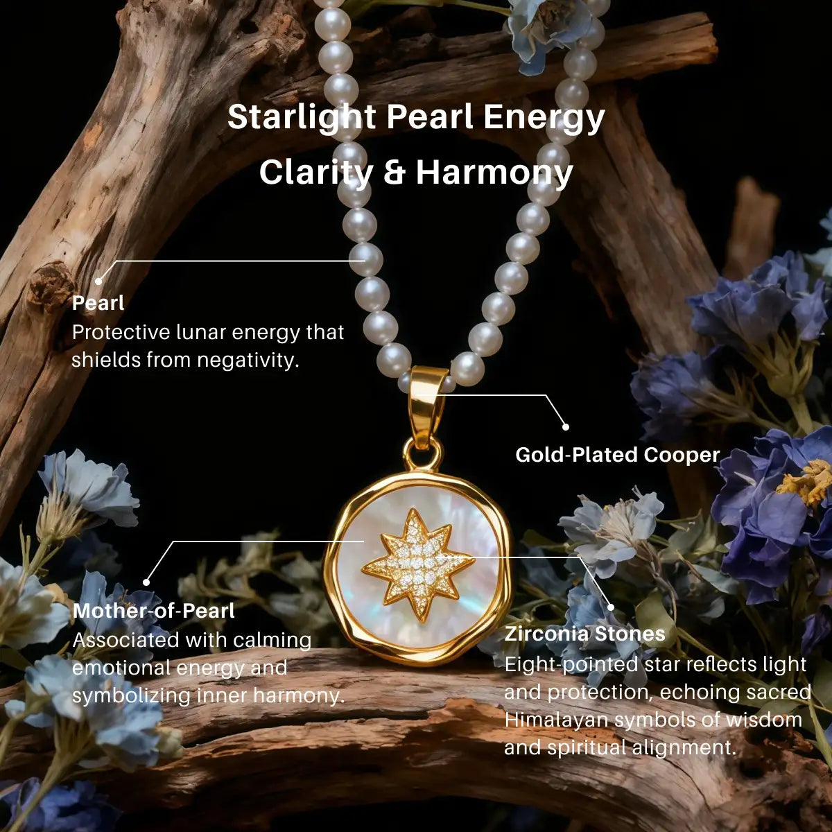 Pearl necklace with Tibetan Starlight Pendant on a natural background with text describing its energy properties.