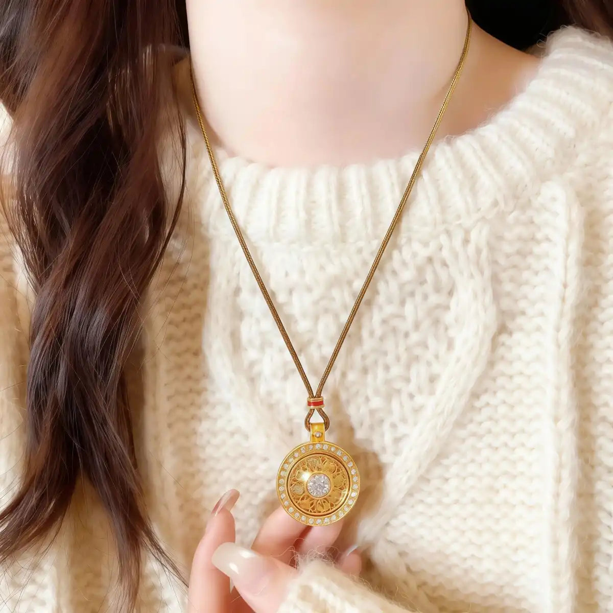 Woman wearing the rotatable Eight-Treasure Compass necklace, showing elegant fit and symbolic design at the neckline.