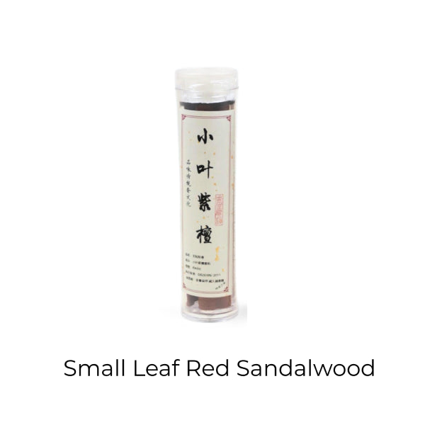 Small leaf red sandalwood product in a cylindrical container with a label on a white background