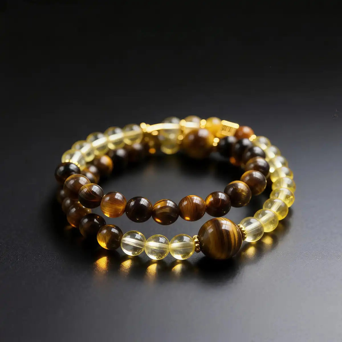 Golden Glow Tiger’s Eye bracelet displayed on a clean background, showing warm golden-brown tones and polished bead texture.