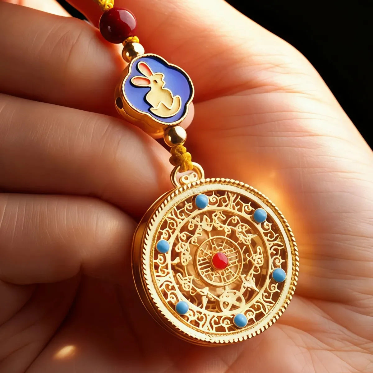 Gold pendant with intricate design held in a hand