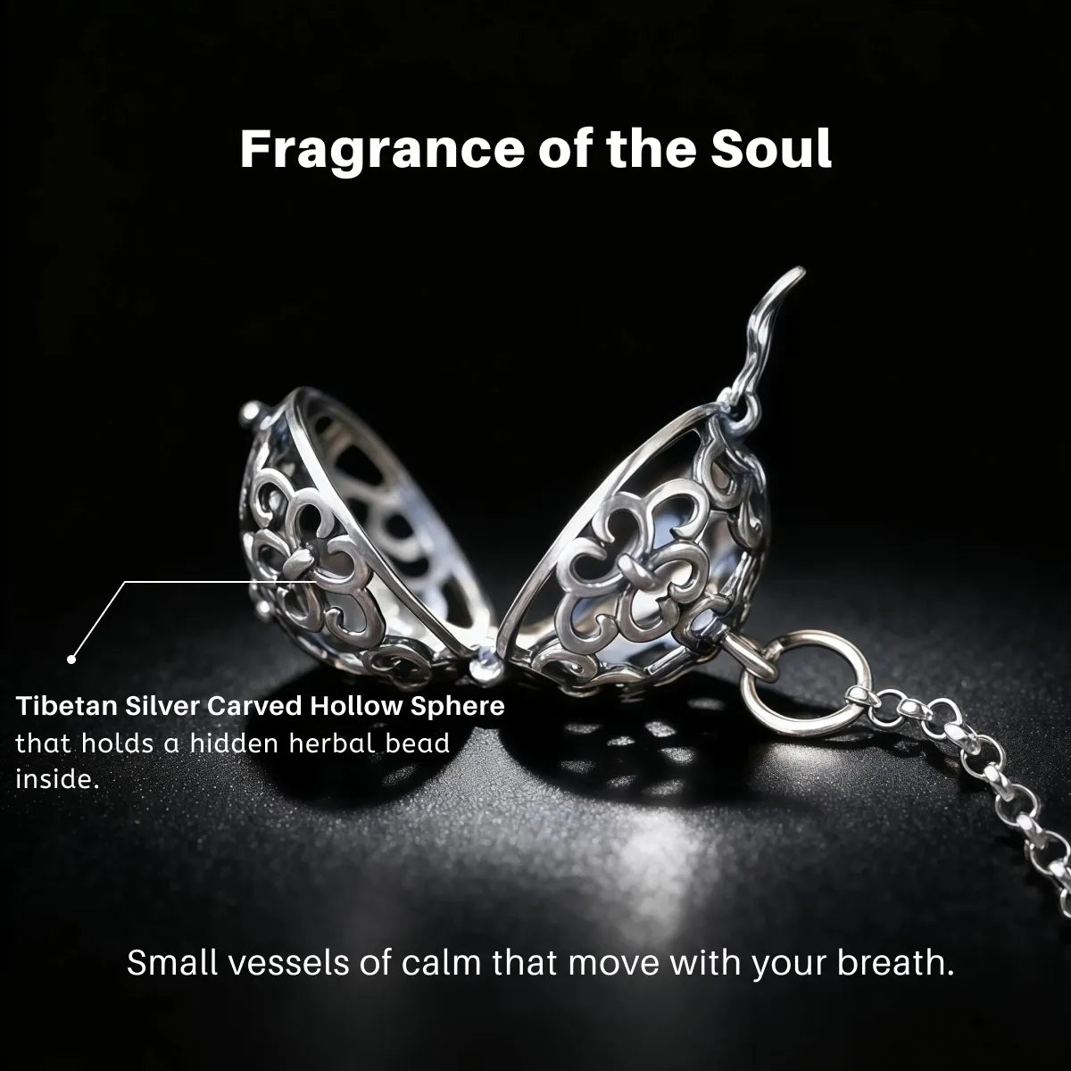 Silver earrings with intricate designs on a black background, labeled 'Fragrance of the Soul'.