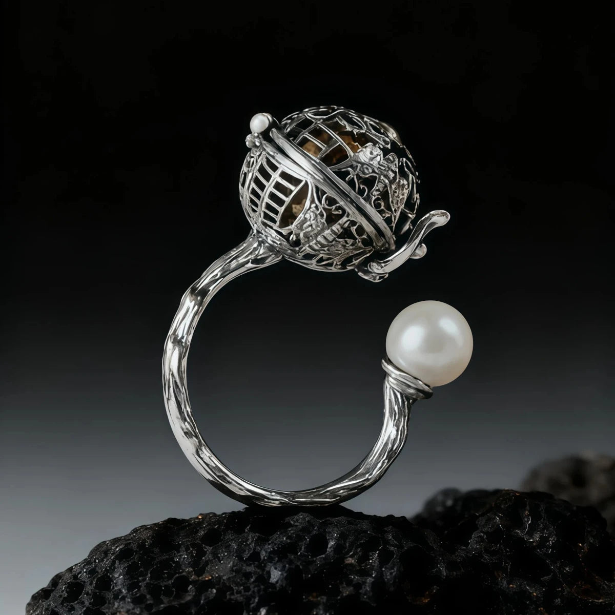 Fragrance of the Soul Herbal Amulet Pearl Open Ring, silver ring with openable lattice sphere for holding scented beads and pearl accent, displayed on volcanic rock with dark background, handcrafted energy jewelry for mindfulness and intention.