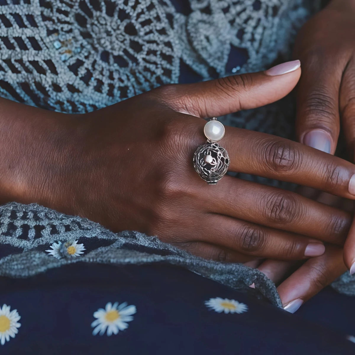 Close-up of a hand wearing a decorative ring with a pearl, against a textured fabric background.