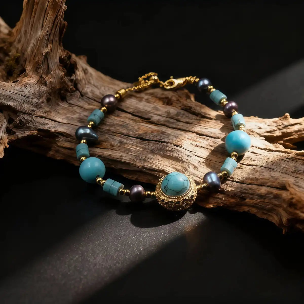 Golden flow turquoise beaded bracelet with gold accents, main product view