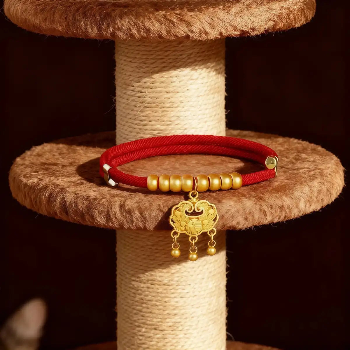 Red collar with gold longevity lock charm displayed on cat tree, showing craftsmanship, pendant detail, and traditional auspicious design.