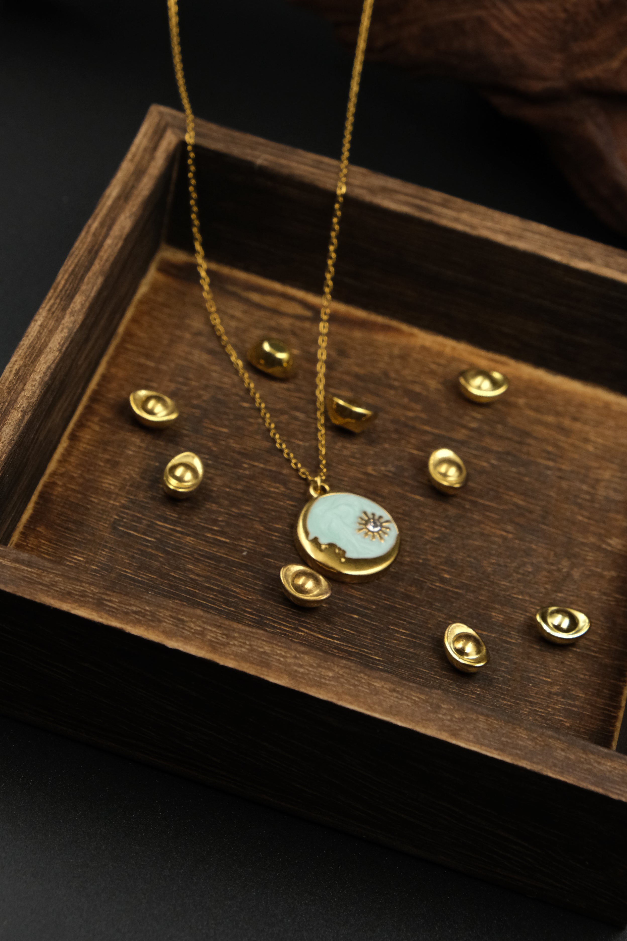 Good Luck Stone Necklace with a pendant on a wooden tray, Blessings, Emotional Balance & Academic Clarity